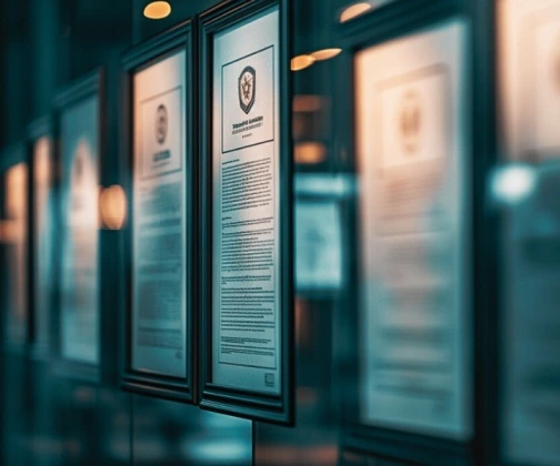 Eine Wand mit mehreren gerahmten Auszeichnungen