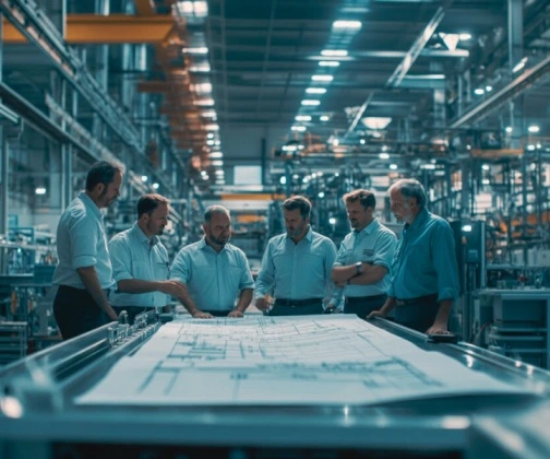 Sechs Männer, die in einer Produktionshalle vor einem Produktionsplan stehen und sich besprechen