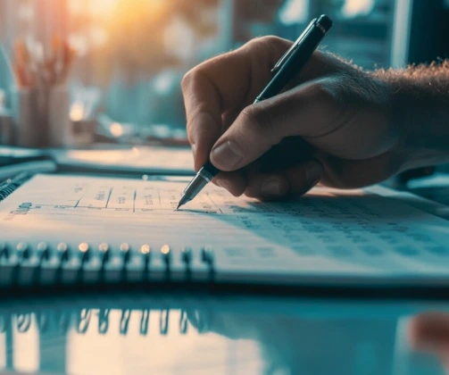 Eine Männerhand, die einen Stift hält und in ein Notizbuch schreibt
